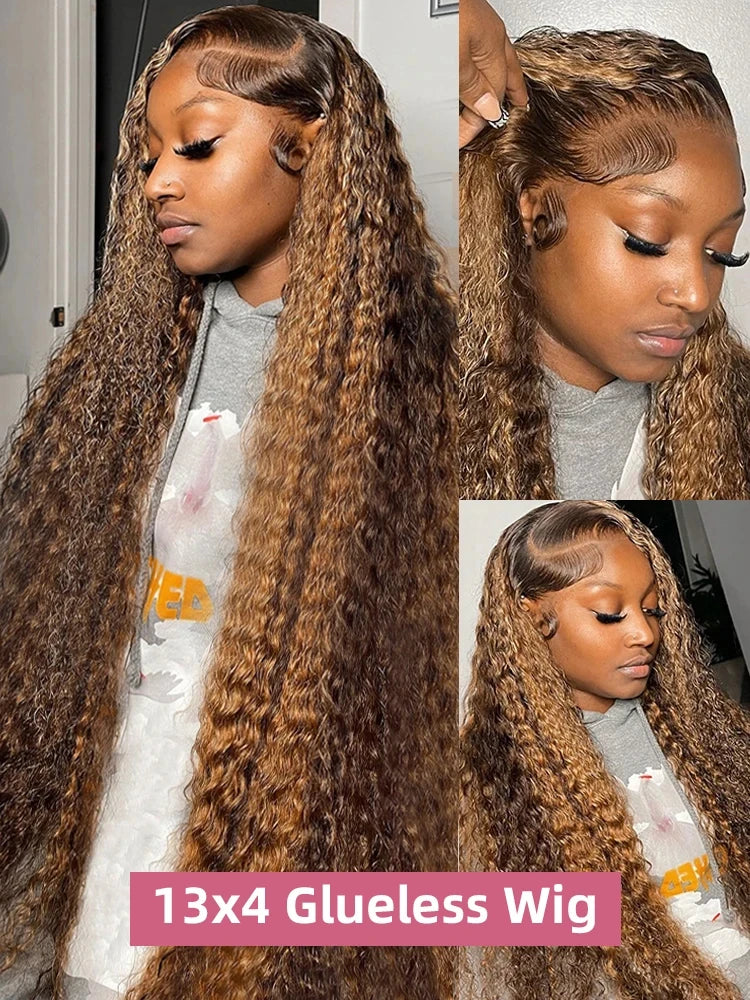 4/27 Honey Blonde Ombre Curly Human Hair Wig (38 Inch, 13x6 HD Lace Front / 13x4 Deep Wave)