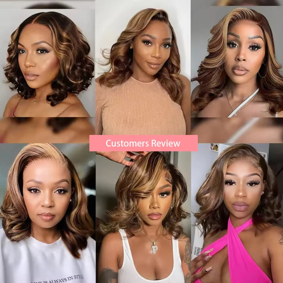 Short Body Wave Bob Wig with Highlights – 13×4 Transparent Lace Frontal, Ombre Brown Blonde 4/27, 100% Brazilian Human Hair