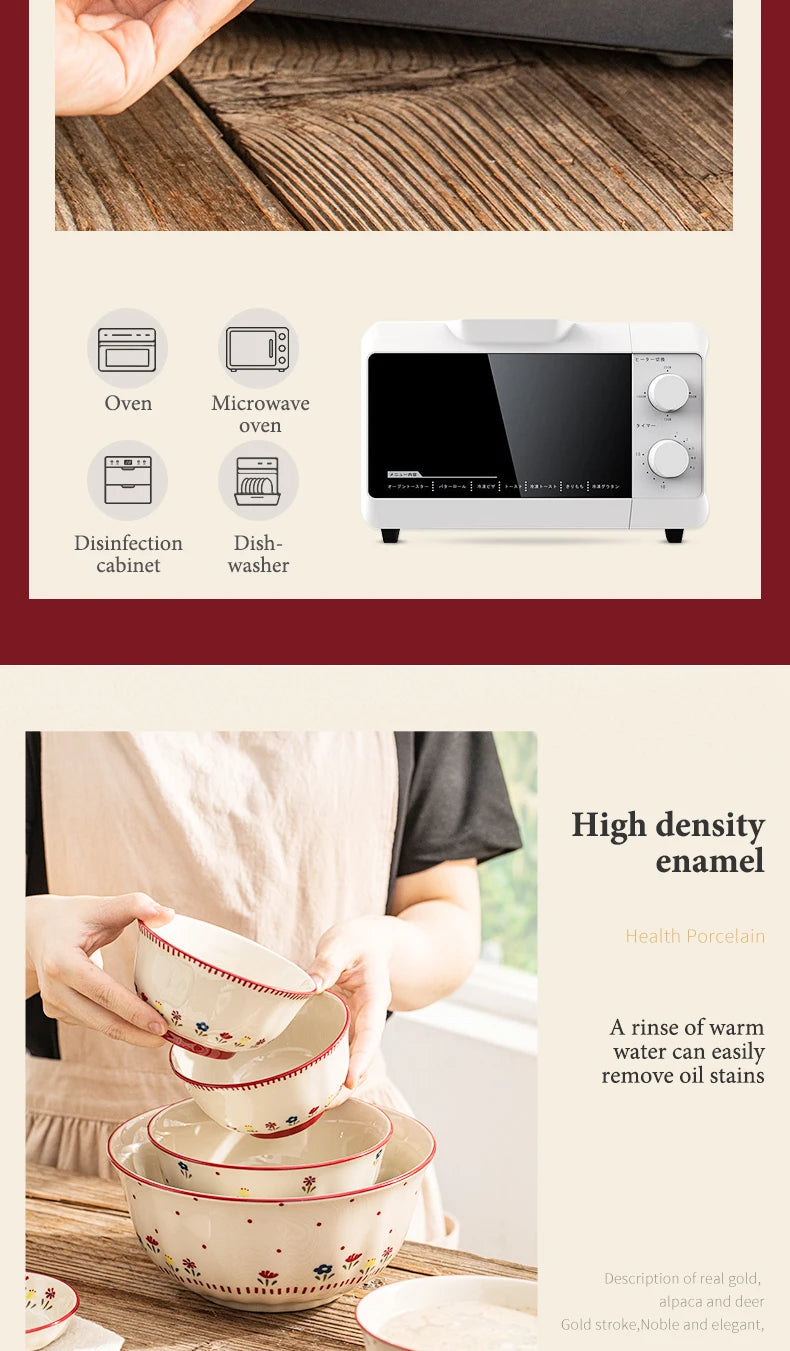 Vintage Floral Ceramic Dinnerware Set – Retro Soup Bowls, Salad & Pasta Plates, Microwave Safe Porcelain Tableware