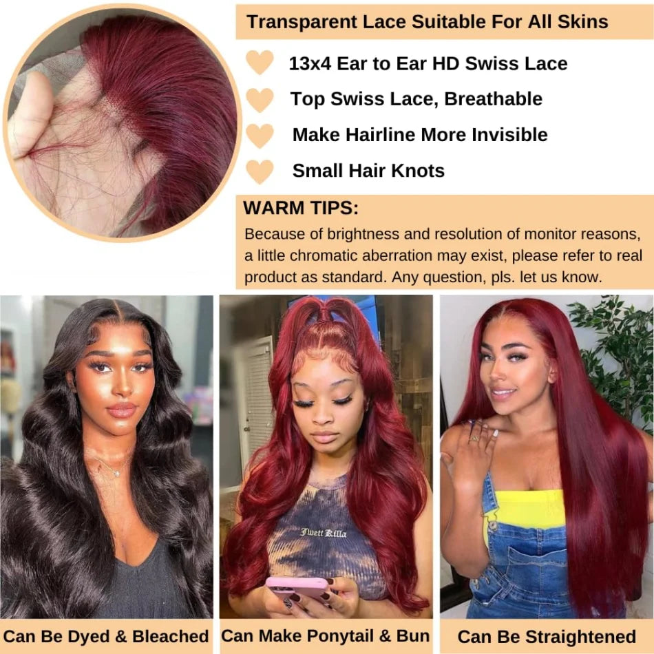 99J Burgundy Body Wave Human Hair Wig (13x6/13x4 HD Lace Front, 250% Density)