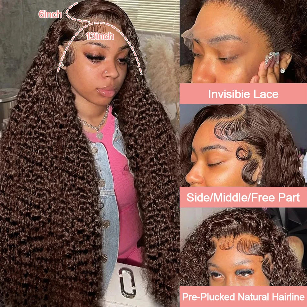 Deep Curly Chocolate Brown HD Lace Frontal Wig – 13x4 / 13x6 Virgin Brazilian Human Hair (30–36 Inch)