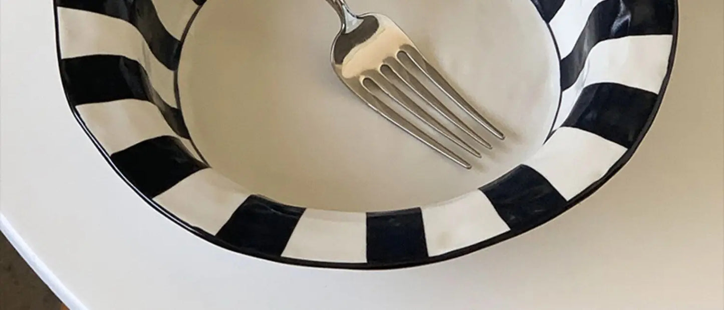 Ins Style Striped Ceramic Bowl – Handcrafted Black & White Tableware for Breakfast, Noodles, Fruits & Desserts