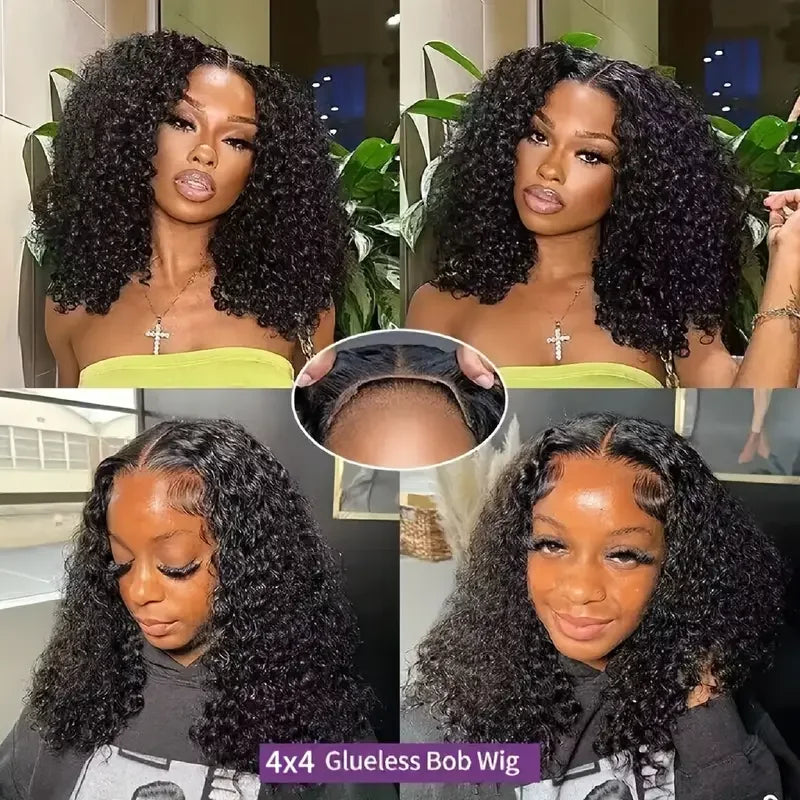 4x4 Put On & Go Glueless Kinky Curly Bob Wig (Pre-Cut Lace, Pre-Plucked) – Brazilian Remy Human Hair
