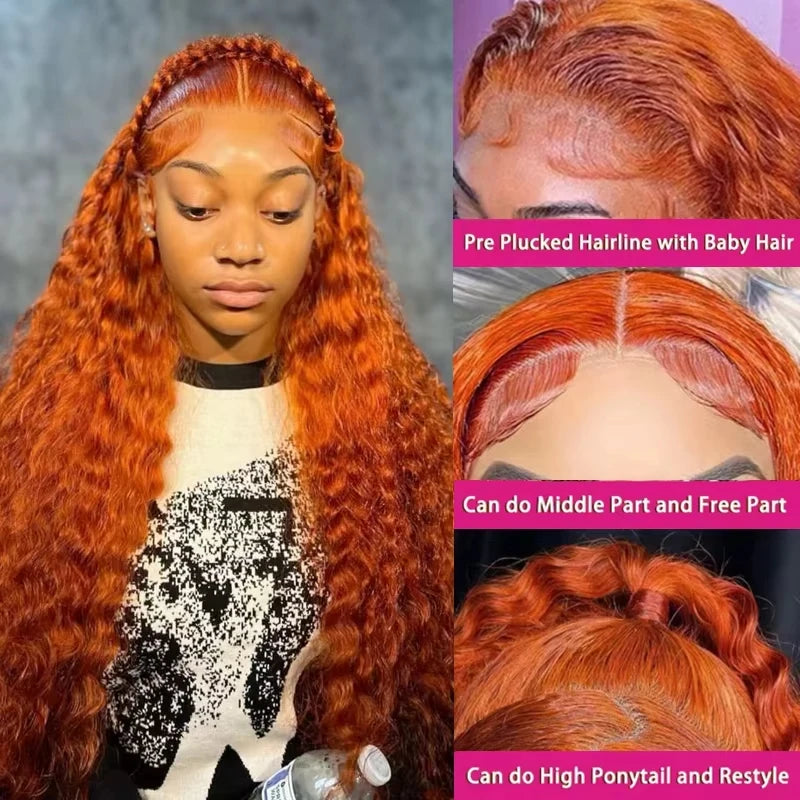 36 Inch Orange Ginger Deep Wave Lace Front Human Hair Wig – 13x4 / 13x6 HD Transparent