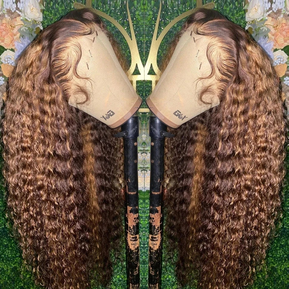 4/27 Honey Blonde Ombre Curly Human Hair Wig (38 Inch, 13x6 HD Lace Front / 13x4 Deep Wave)
