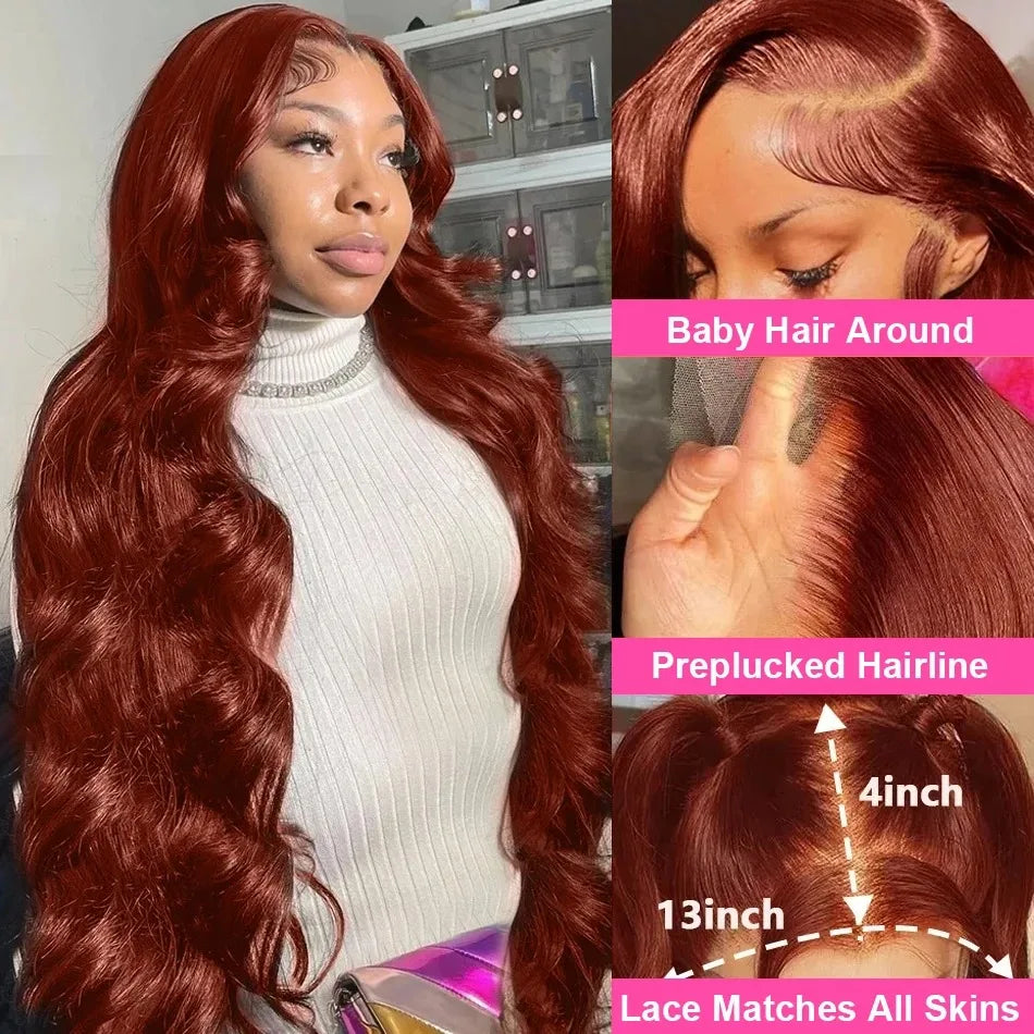 13x4 Reddish Brown Body Wave HD Transparent Lace Front Human Hair Wig #33