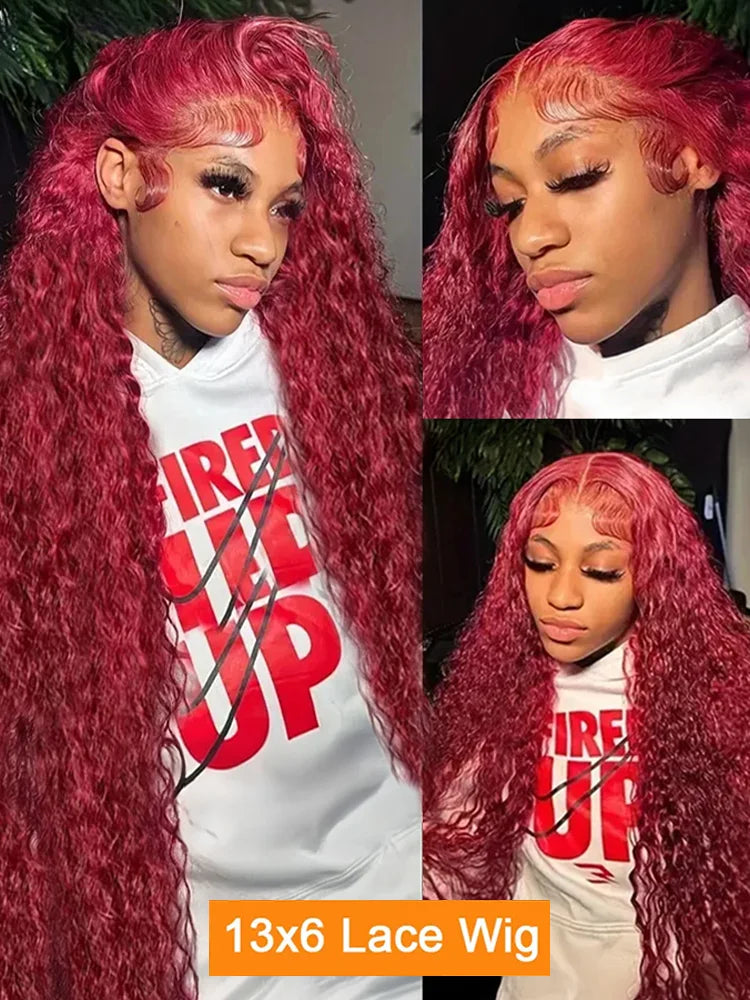99J Burgundy Deep Wave HD Lace Front Human Hair Wig (13x6 / 13x4, Brazilian Remy, 30–40”)
