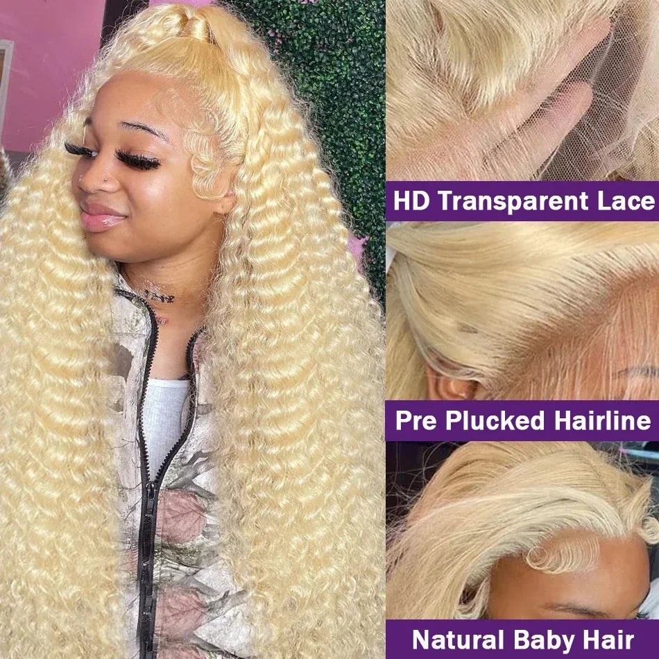 Curvique 613 Honey Blonde Deep Water Wave 13x6 HD Lace Front Wig (Brazilian Remy Human Hair)