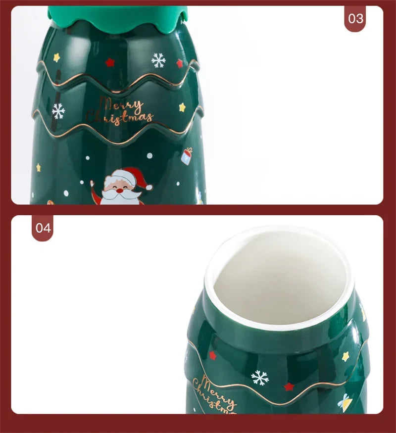 🎅 Christmas Ceramic Mug with Lid & Straw – Santa, Snowman & Tree Design Gift Cup
