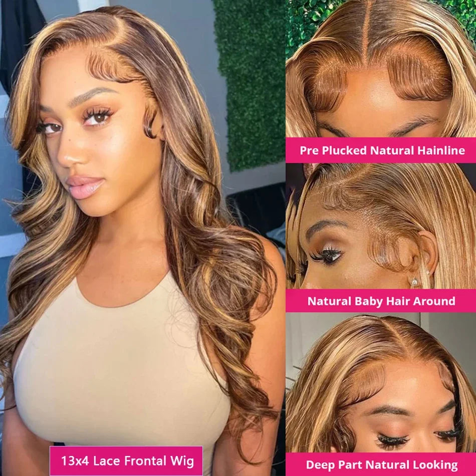 Honey Blonde Highlight Body Wave Wig – 13x6 HD Lace Frontal & 4x4/5x5 Closure, 100% Brazilian Human Hair (26"+)
