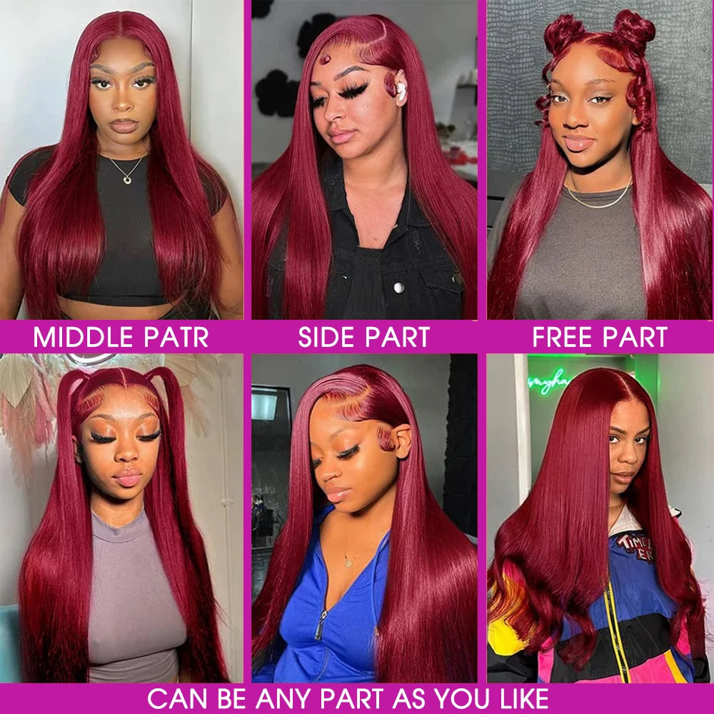 Burgundy Red Straight HD Lace Front Human Hair Wig – 100% Brazilian, 13x6/13x4/4x4 Options