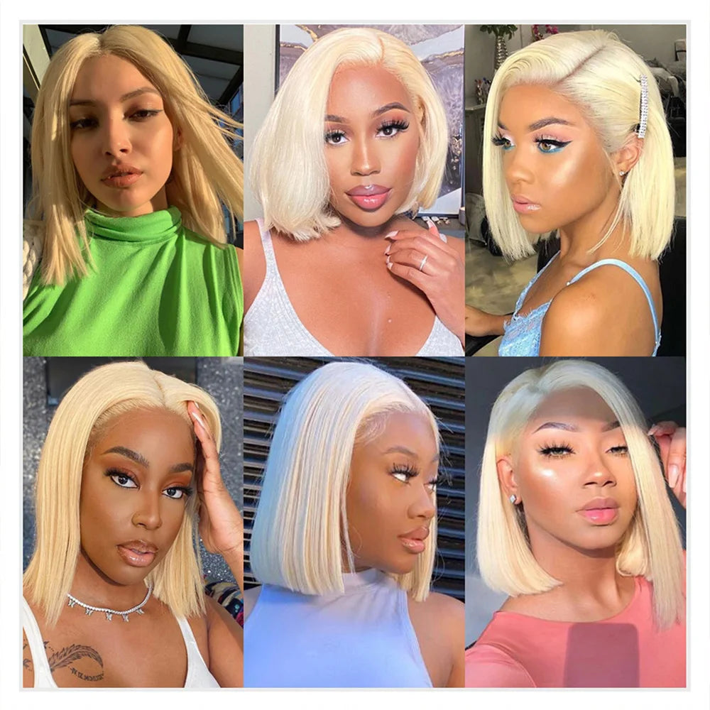 13x4 Blonde HD Transparent Lace Front Wig – 613 Short Straight Bob Human Hair Wig for Women