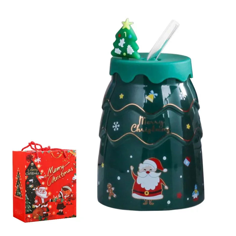 🎅 Christmas Ceramic Mug with Lid & Straw – Santa, Snowman & Tree Design Gift Cup