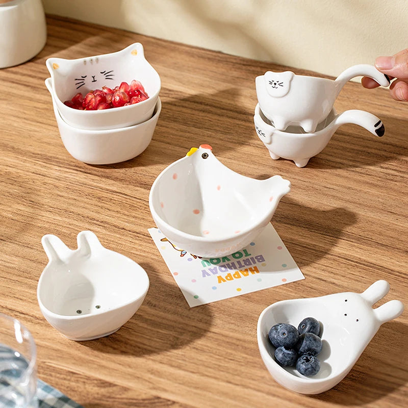 Cute Ceramic Mixing Dish with Handle – Bunny & Cat Dipping Bowl for Snacks & Sushi