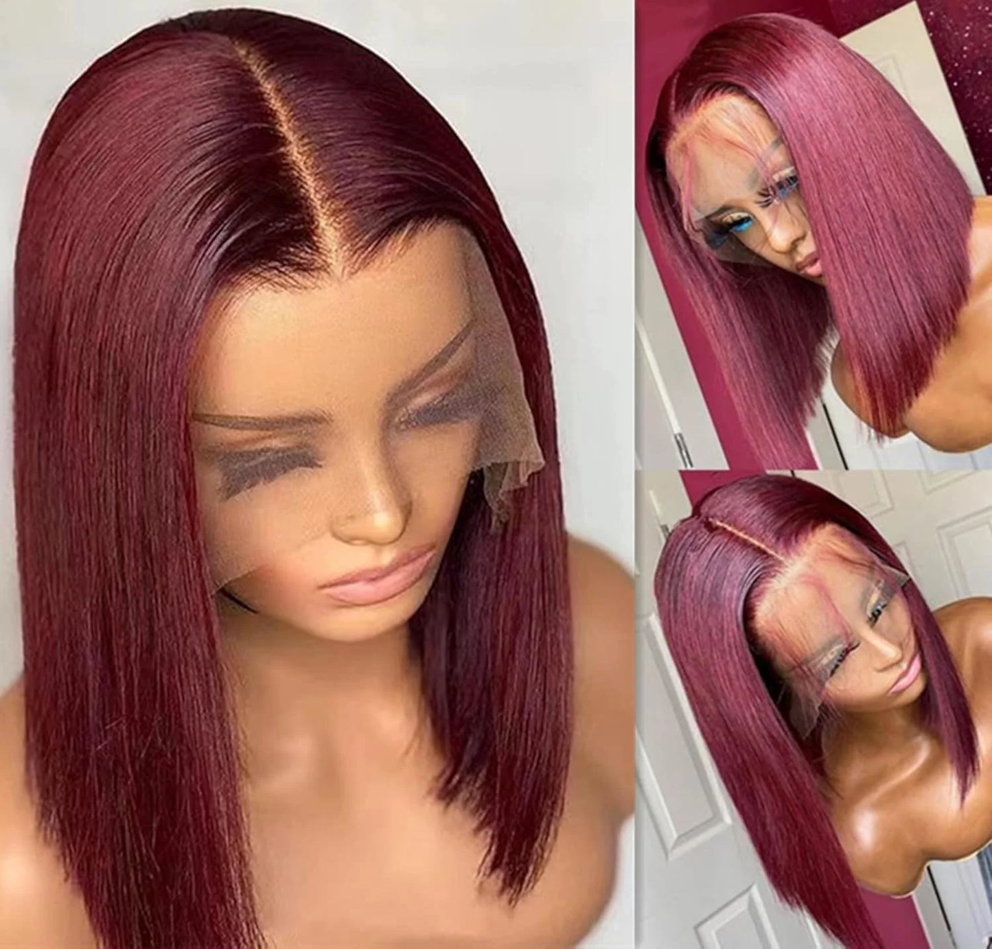 99J Burgundy Bob Wig Human Hair – 13x4 Lace Frontal, Straight, Short Red Wig