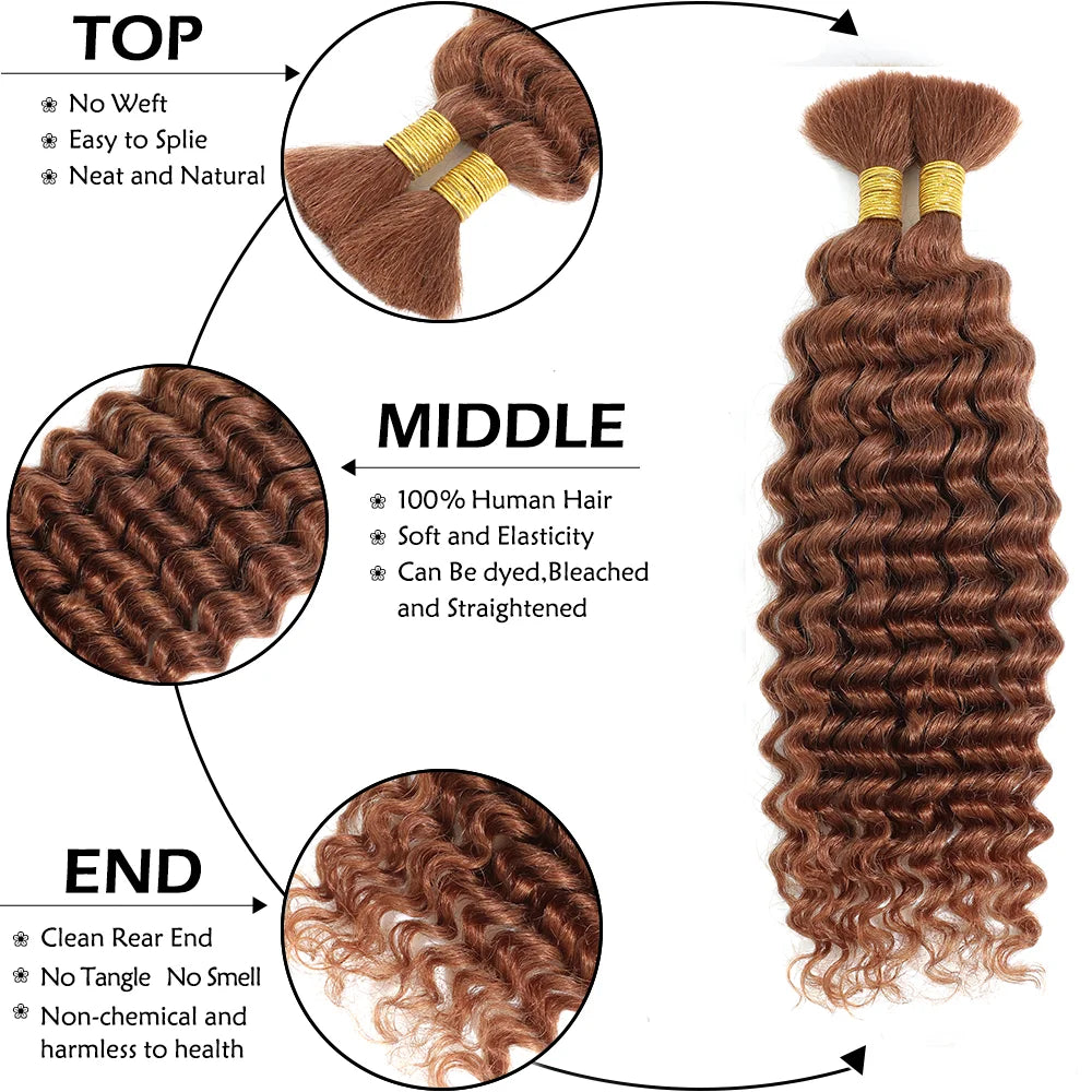 30# Chocolate Brown Deep Wave Bulk Human Hair (100g, 2 Bundles) – Brazilian Remy for Boho Braids (14–24")