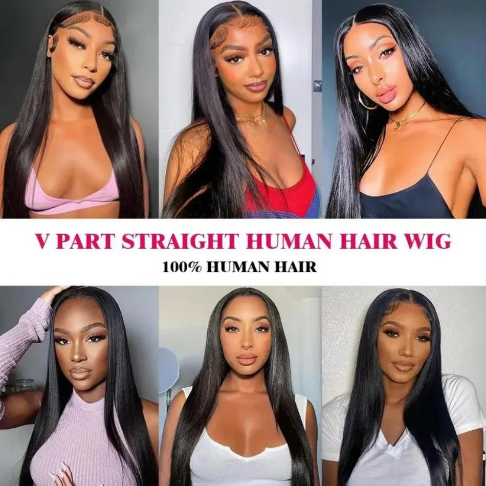 Glueless V Part Straight Human Hair Wig (220% Density, Natural Black, Beginner Friendly, No Leave Out)