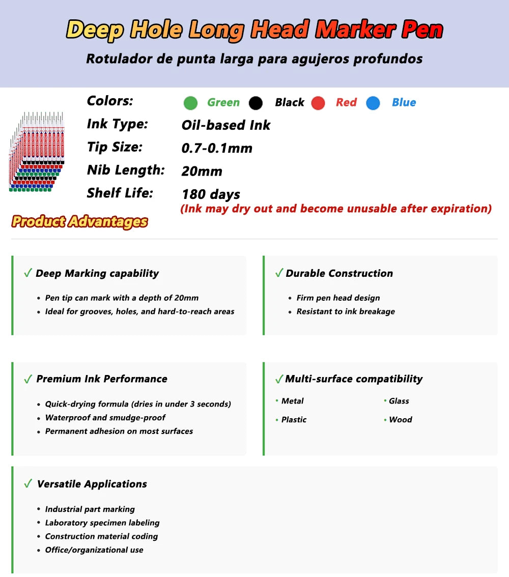 Professional Deep Hole Long Nib Marker Pen for Wood, Metal & Tile — Waterproof Carpenter Tool (20mm Nib)