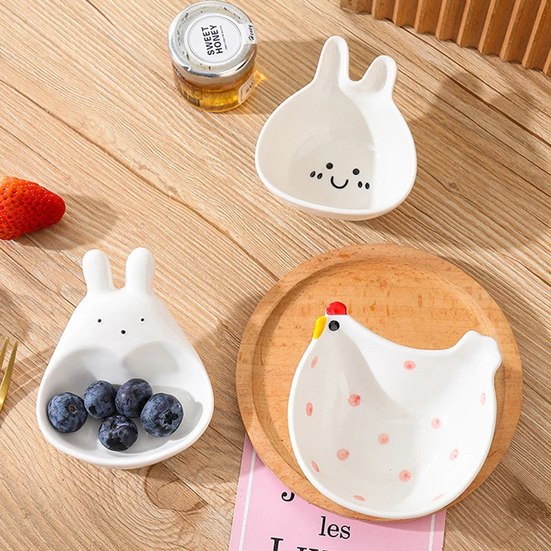 Cute Ceramic Mixing Dish with Handle – Bunny & Cat Dipping Bowl for Snacks & Sushi