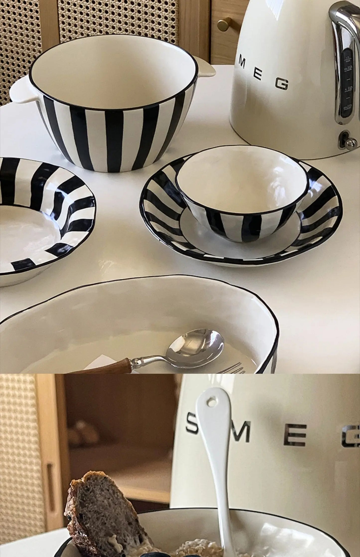 Ins Style Striped Ceramic Bowl – Handcrafted Black & White Tableware for Breakfast, Noodles, Fruits & Desserts