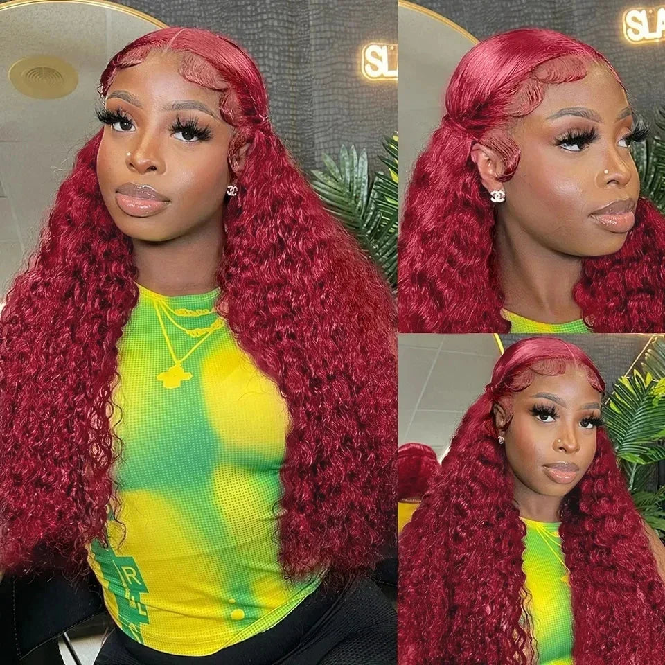 99J Burgundy Deep Wave Lace Frontal Human Hair Wig – 30 Inch HD Transparent Lace