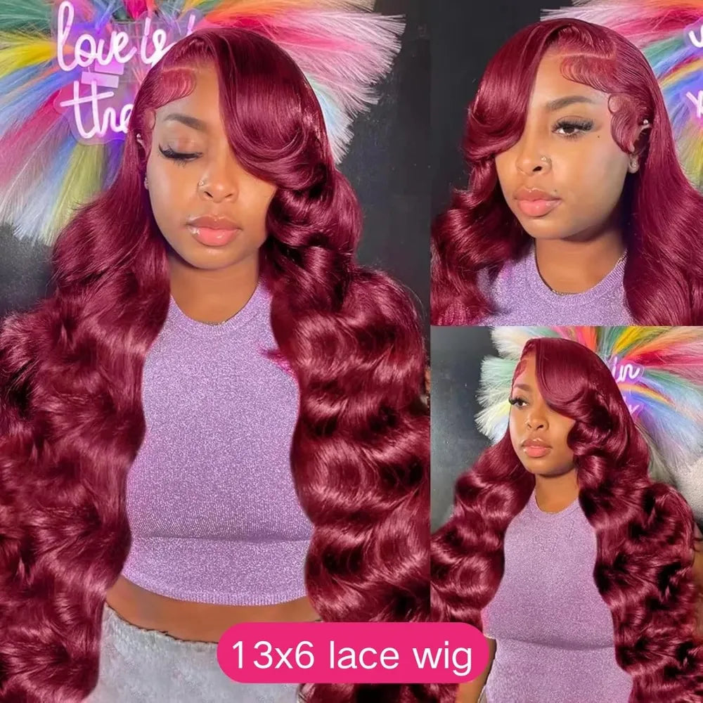 CanaryFly 99J Burgundy 13x6 HD Transparent Lace Frontal Body Wave Human Hair Wig (Pre-Plucked)