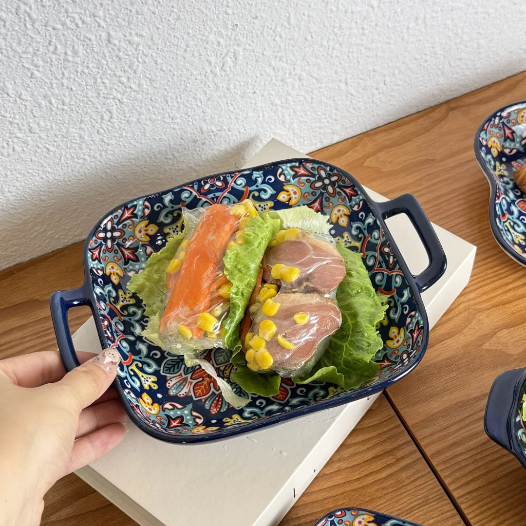 Bohemian Ceramic Plate Set – Double-Eared Fish Plates & High-Value Salad Dish for Home Dining and Cooking