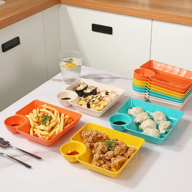 Plastic Serving Plate with Sauce Holder – Square Snack Tray for Dumplings, Fries & Party Food