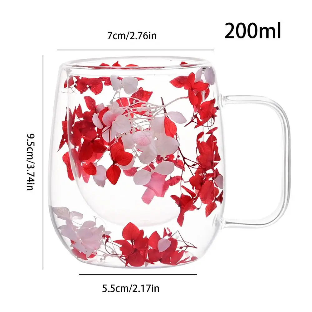 🌸 Double Wall Glass Cup 200ml – Clear Dried Flower Coffee & Tea Mug with Handle