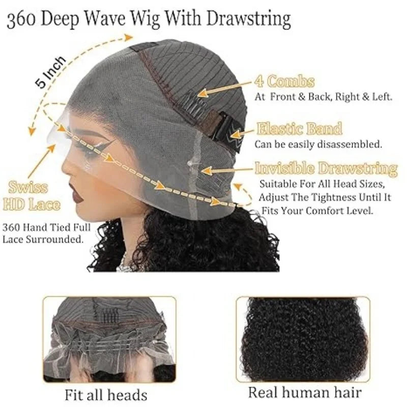 Frolo 360 Full Lace Invisible Drawstring Deep Wave Curly Human Hair Wig (13x4 HD Lace, 220 Density, Brazilian Remy)
