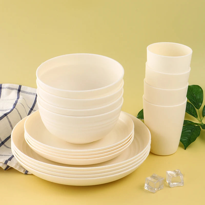 White Plastic Tableware Set – 4/16pcs Plates, Bowls & Cups for Home & Outdoor Dining