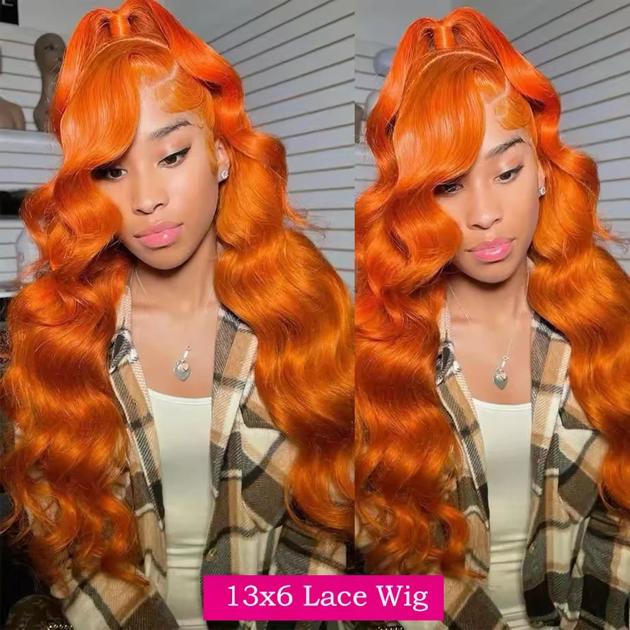 Ginger Orange 13x6 HD Lace Front Body Wave Human Hair Wig (30") – 200% Density, Pre-Plucked Hairline