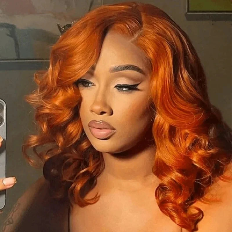 Ginger Orange Body Wave Bob Glueless 4x4 HD Lace Closure Remy Human Hair Wig (#350, Pre-Plucked)