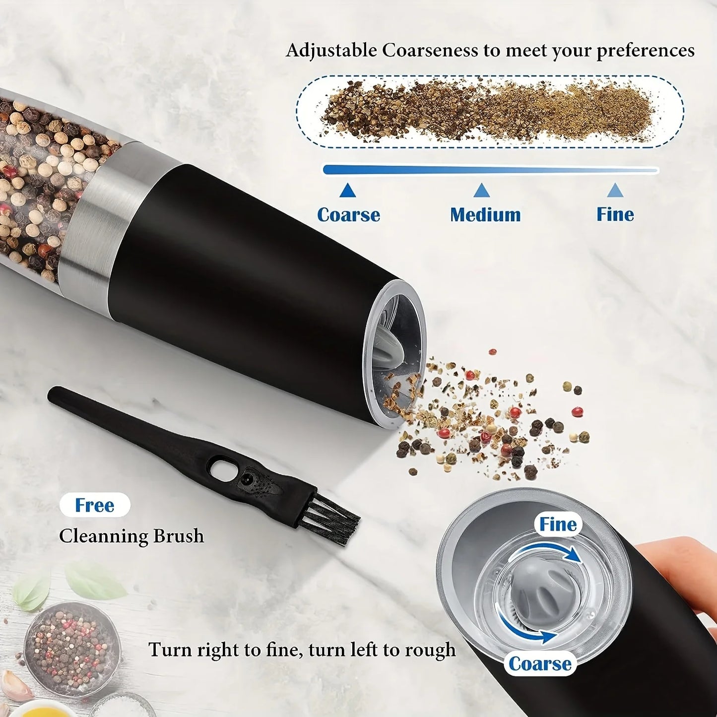 2-Piece Automatic Electric Seasoning Grinder Set – Adjustable Coarseness, Battery Powered