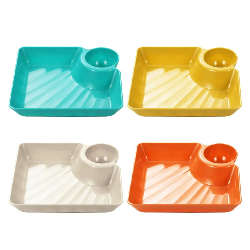 Plastic Serving Plate with Sauce Holder – Square Snack Tray for Dumplings, Fries & Party Food