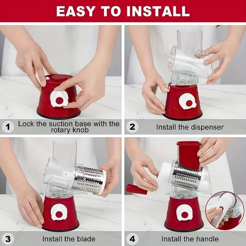 Manual Vegetable Cutter & Cheese Slicer – 3 Drum Blades for Shredding, Slicing & Grating