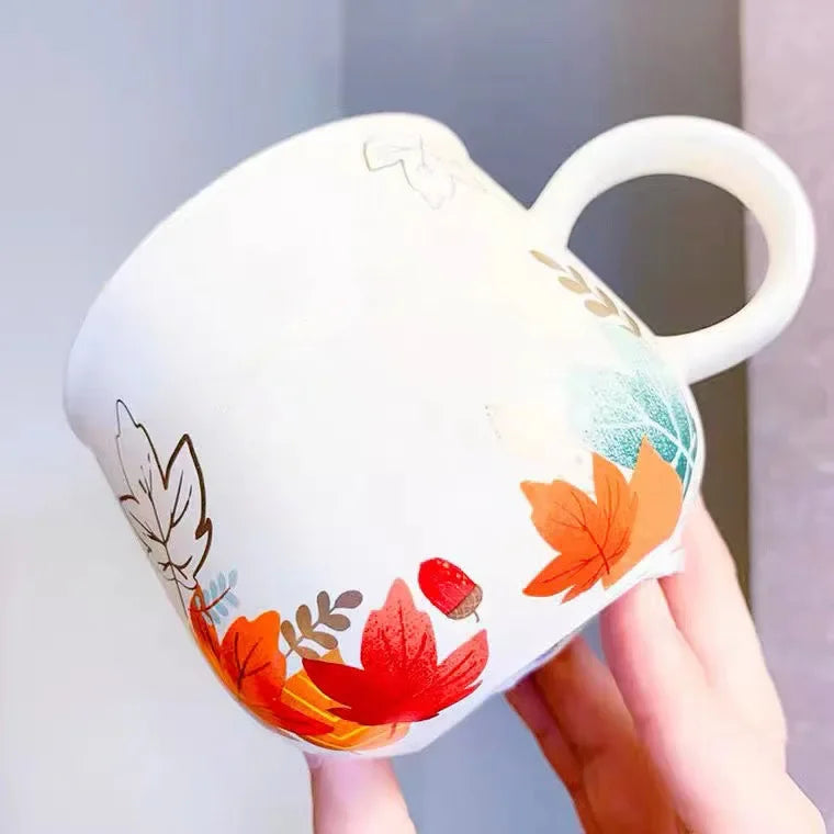 Autumn Forest Animal Ceramic Mug with Lid – Cute Fox, Rabbit & Squirrel Cup