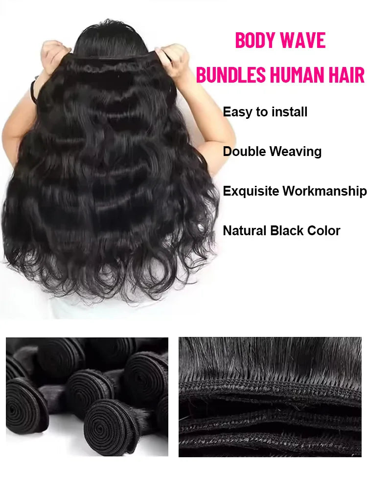 10A Brazilian Raw Body Wave Hair Bundles (30–40 Inch, Double Weft, 1/3/4 Bundles)