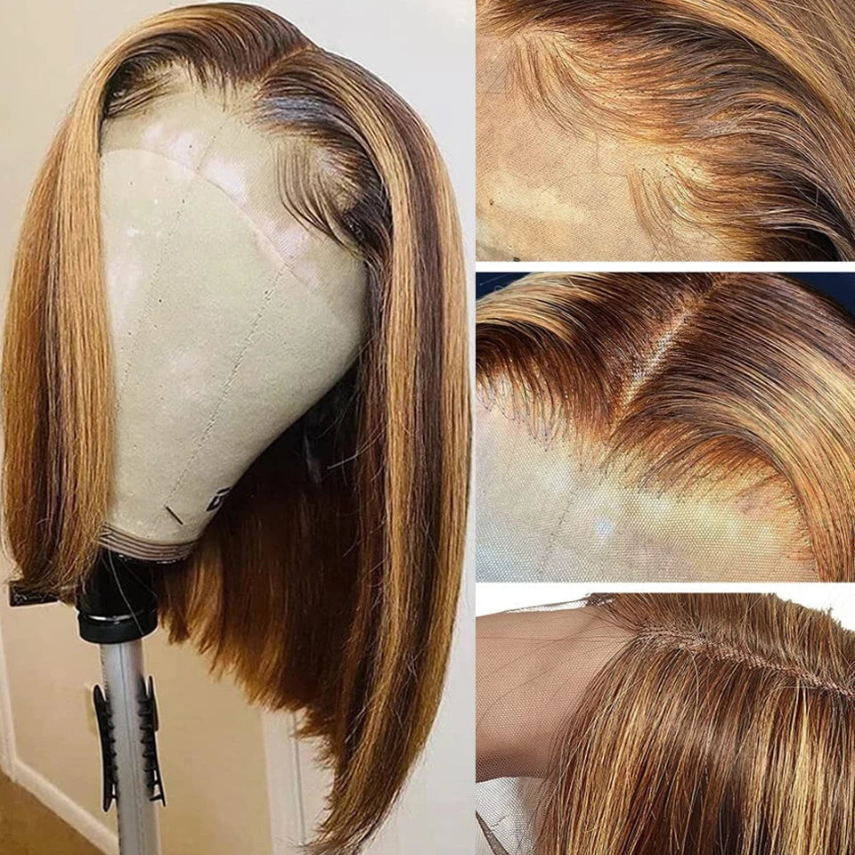 4/27 Ombre Highlight Straight Bob Human Hair Wig 13x4 Transparent Lace Front (Remy, Pre-Plucked)