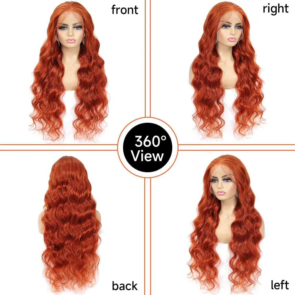 Ginger Orange 13x6 HD Lace Front Body Wave Human Hair Wig (30") – 200% Density, Pre-Plucked Hairline