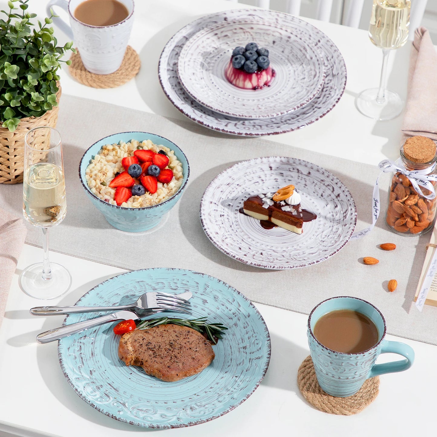 Vancasso VINE 16/32/48-Piece Ceramic Dinnerware Set | Rustic Stoneware Plates, Bowls & Mugs for 12-Person Dining