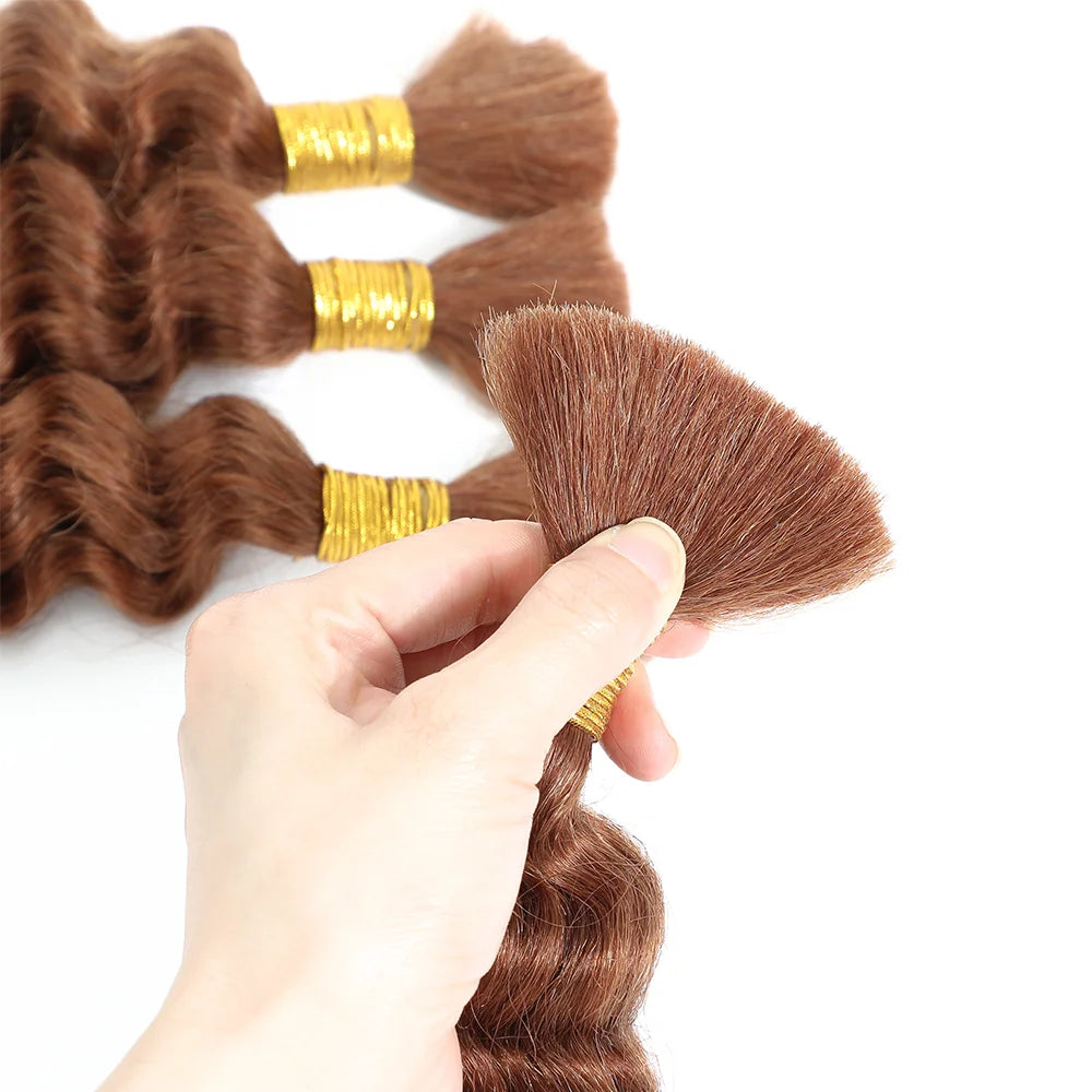 30# Chocolate Brown Deep Wave Bulk Human Hair (100g, 2 Bundles) – Brazilian Remy for Boho Braids (14–24")