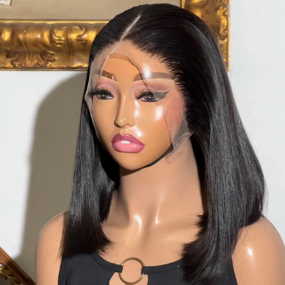 14 & 16 Inch HD Transparent Bone Straight Bob Lace Wig – 4x4 / 5x5 / 13x4, 250% Density, Natural Black