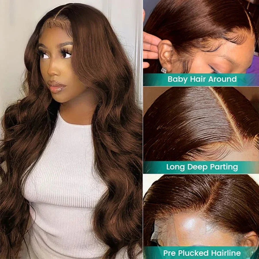 Chocolate Brown Body Wave HD Transparent Lace Front Human Hair Wig · 13x4 / 13x6 · 26+ Inch