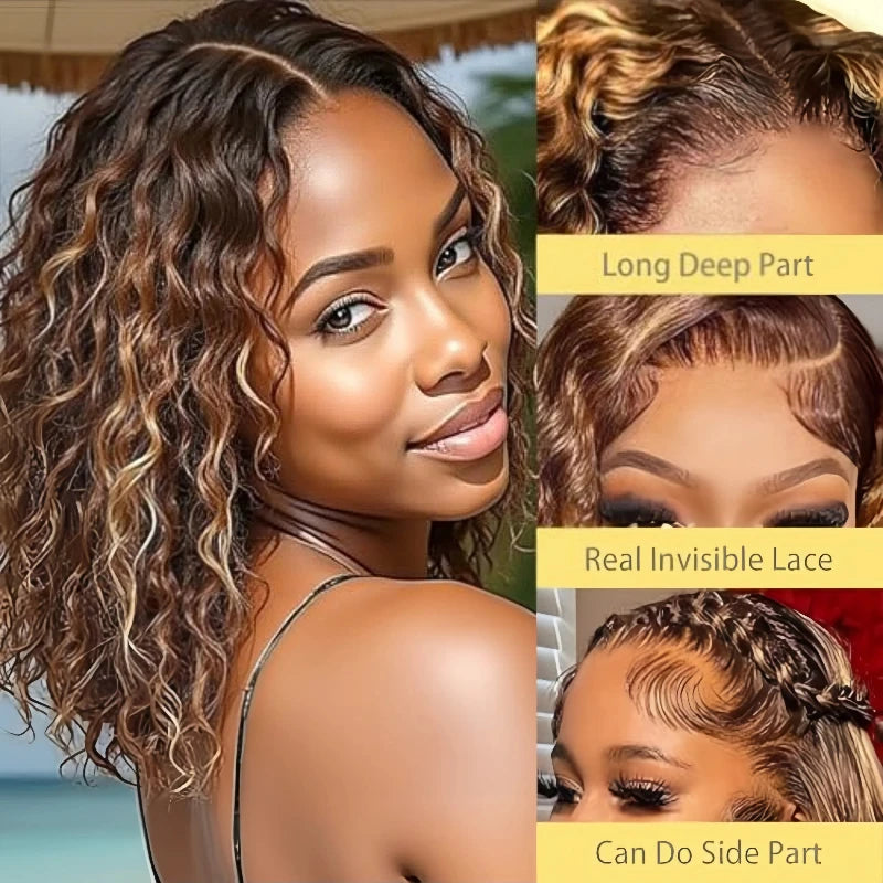 Deep Wave Bob Wig – 5x5 HD Lace Front, Glueless, 4/27 Ombre Highlight, 220% Density Human Hair