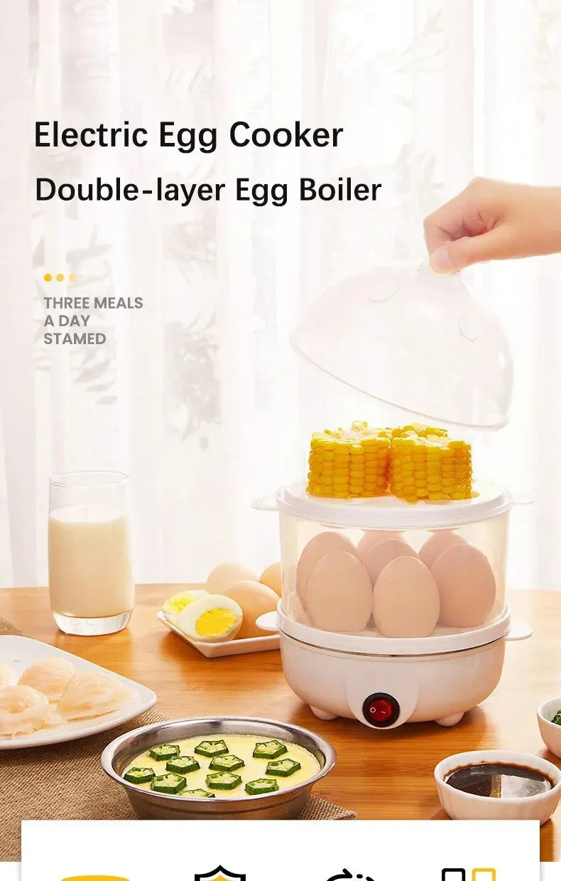 Multifunctional Electric Egg Cooker & Double-Layer Steamer | Mini Breakfast Maker