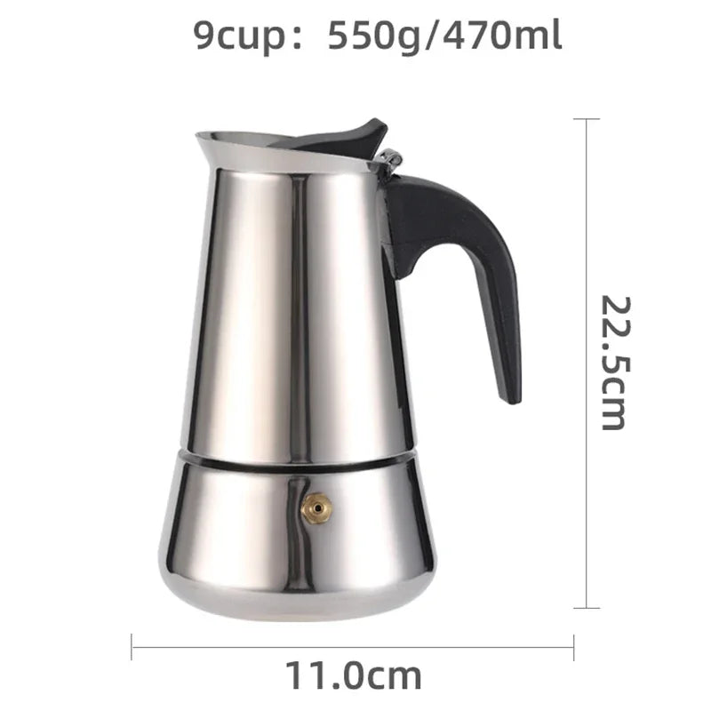 Stainless Steel Moka Pot Espresso Maker (2/4/6/9 Cups) — Classic Italian Coffee Brewing for Home & Travel