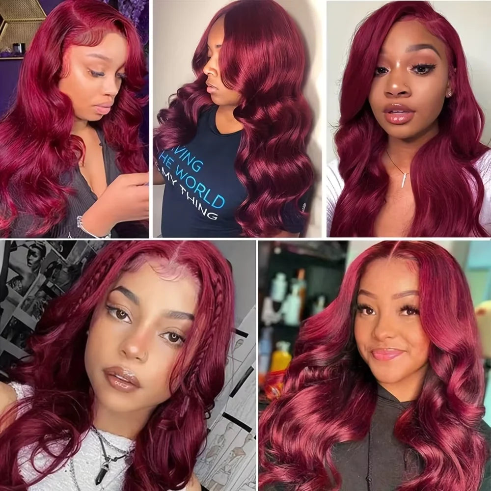 Fuduete 99J Burgundy Body Wave HD Lace Front Wig | Brazilian Remy Human Hair | Transparent Lace