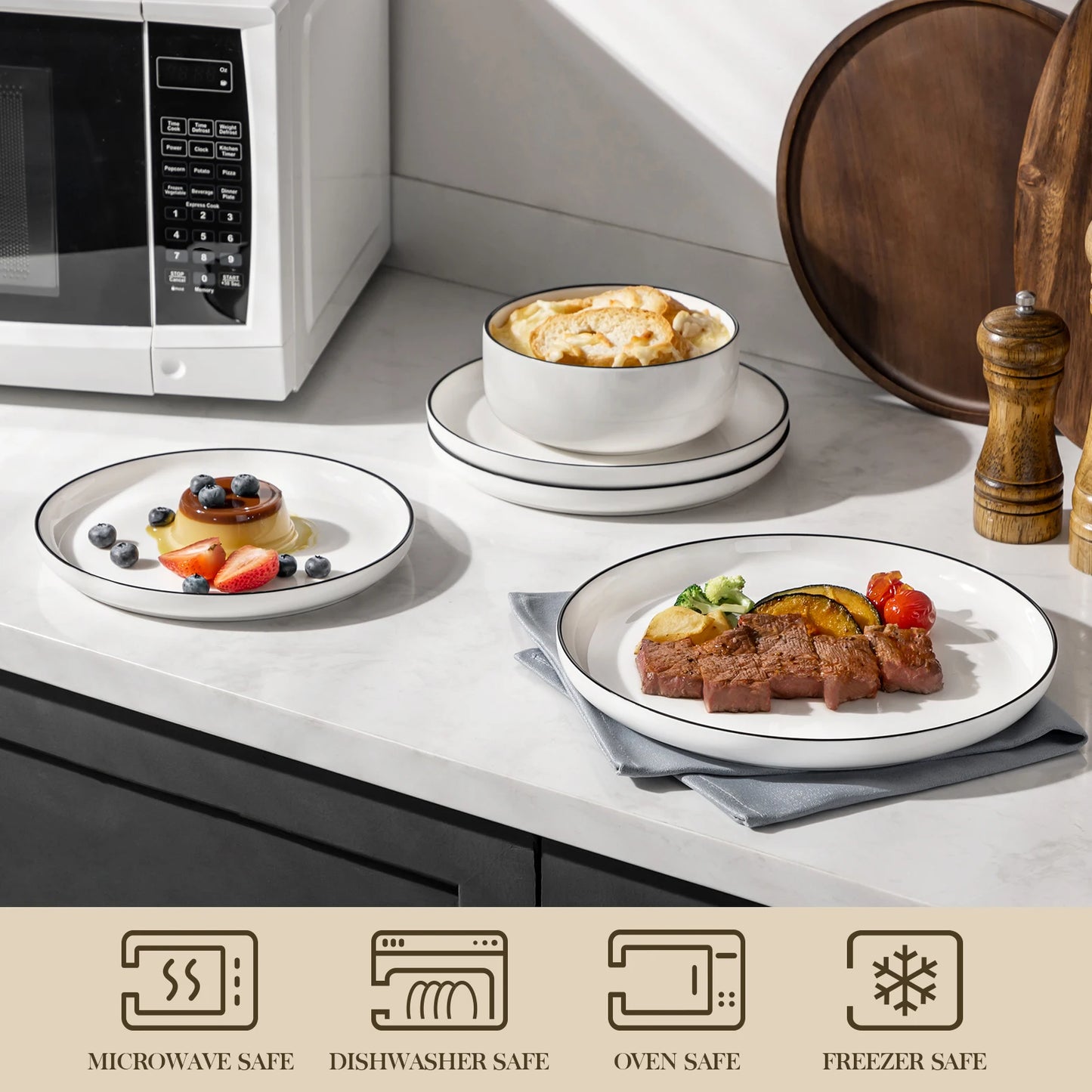 MALACASA 12/24-Piece Porcelain Dinnerware Set – Black Rim Ceramic Plates & Bowls for 4 Person Dining