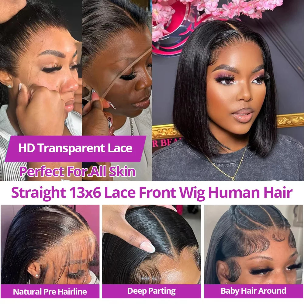 POPVIBES Bone Straight Short Bob HD Transparent Lace Front Wig (13x4/13x6) – Glueless Brazilian Remy Human Hair